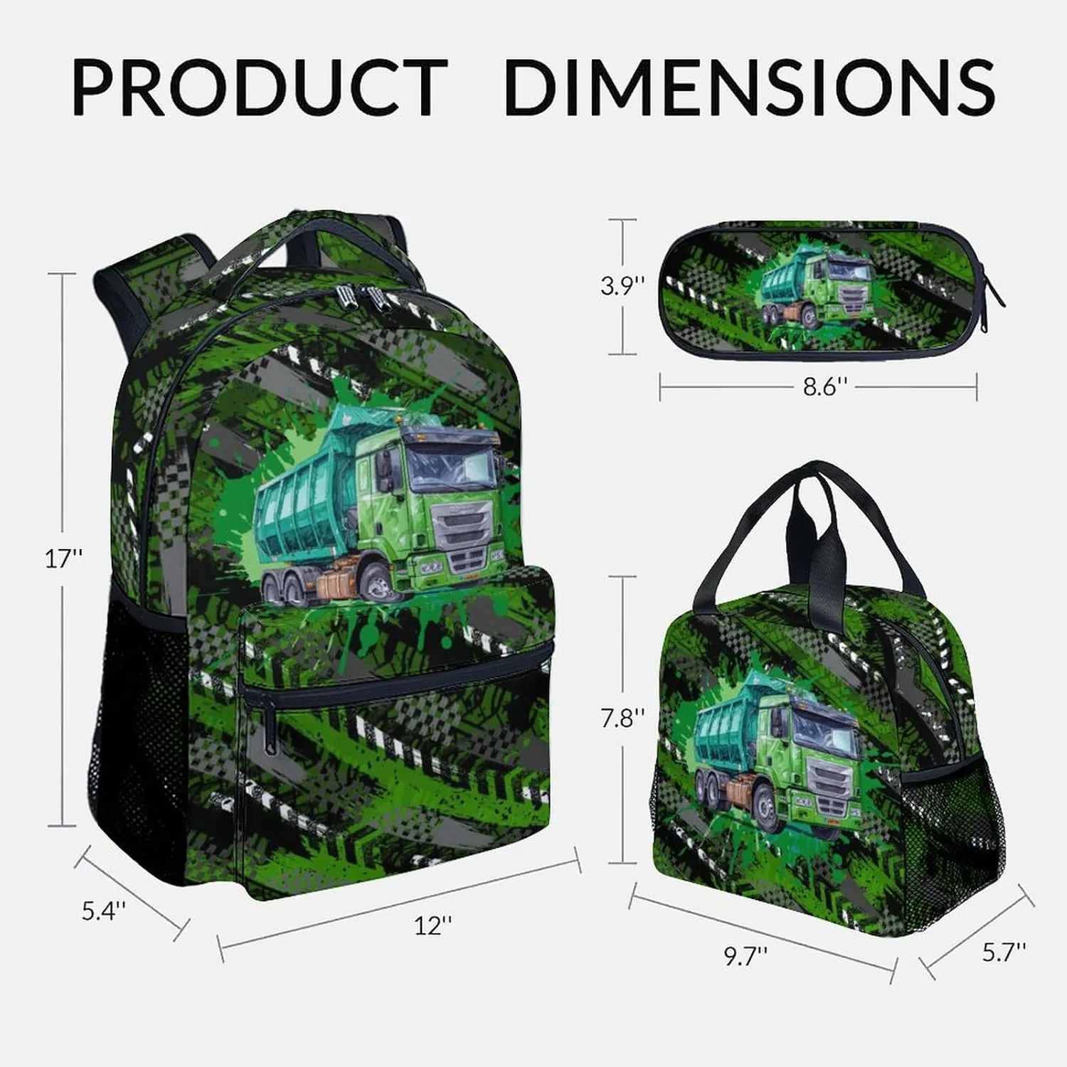 Mercuryelf Boys Backpack with Lunch Box - 17 Inch Garbage Truck Backpacks Set for School - Cool Bookbag with Lunch Bag and Pencil