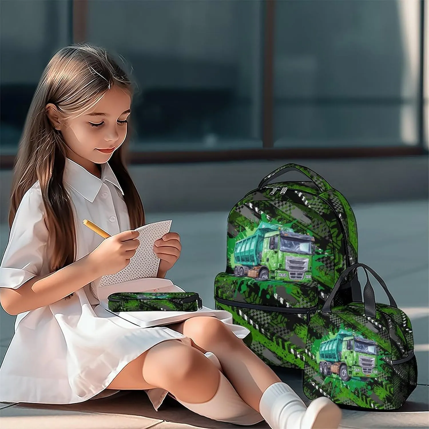Mercuryelf Boys Backpack with Lunch Box - 17 Inch Garbage Truck Backpacks Set for School - Cool Bookbag with Lunch Bag and Pencil