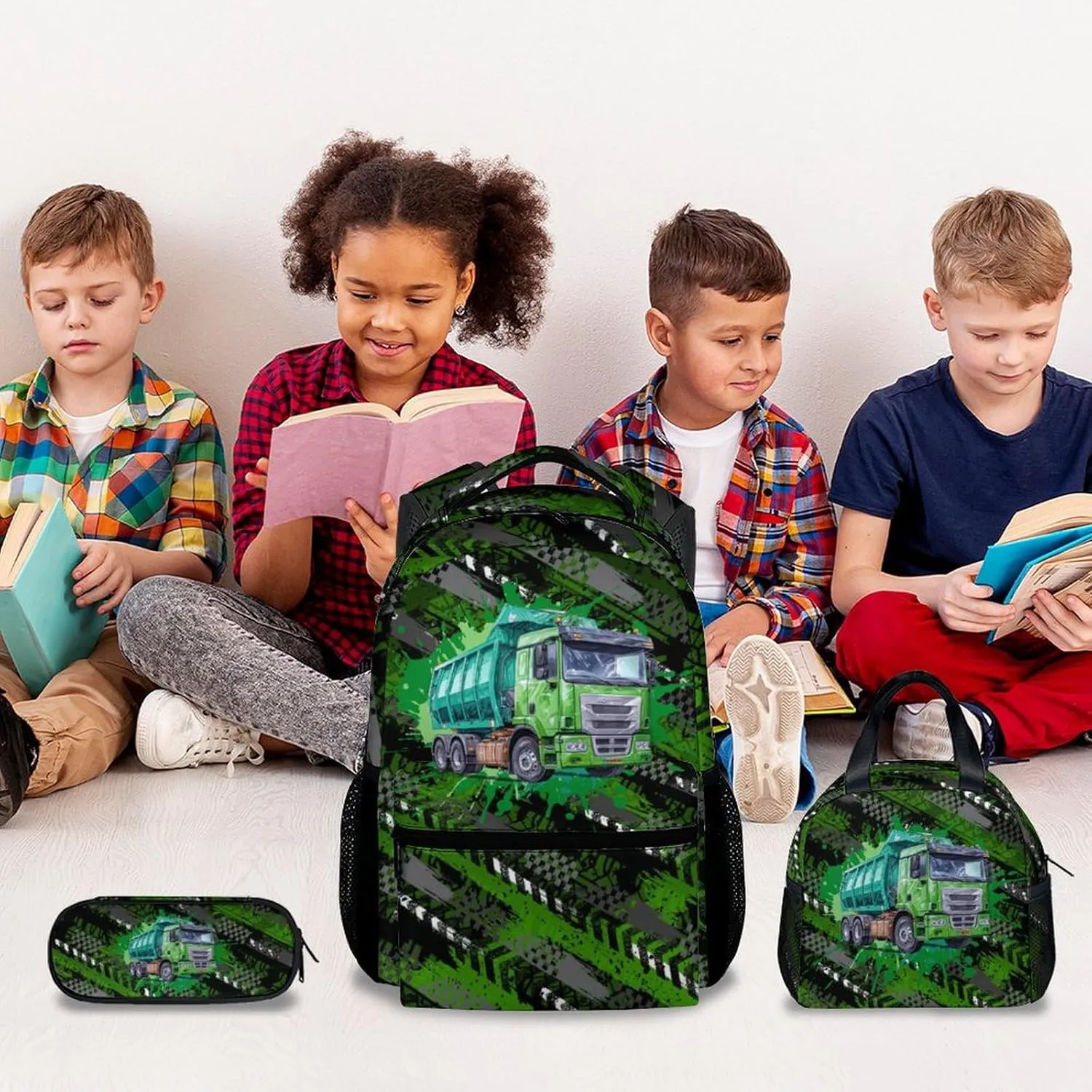 Mercuryelf Boys Backpack with Lunch Box - 17 Inch Garbage Truck Backpacks Set for School - Cool Bookbag with Lunch Bag and Pencil
