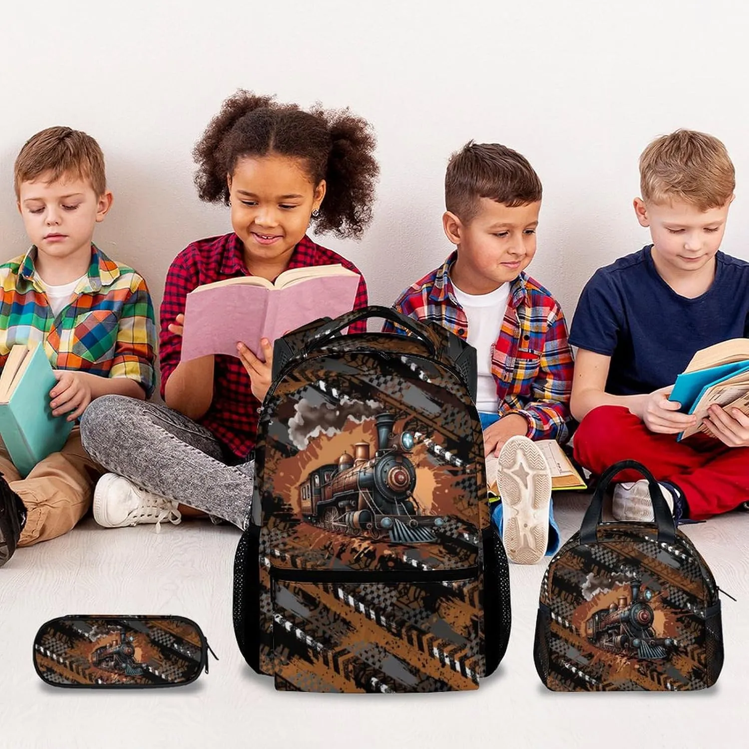 Mercuryelf Kid Backpack Set for School, Travel - Cool Train Bookbag with Lunch Bag for Boys - 3 in 1 School Bag Combo for Primary Middle