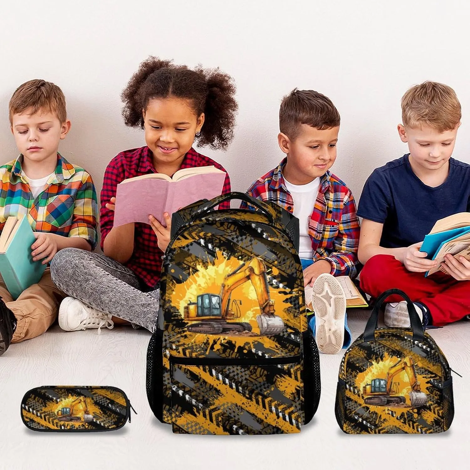 Mercuryelf Kids Backpack with Lunch Box - 17 Inch Excavator Backpack Set for School, Travel - 3 in 1 Cool Bookbag for Boys