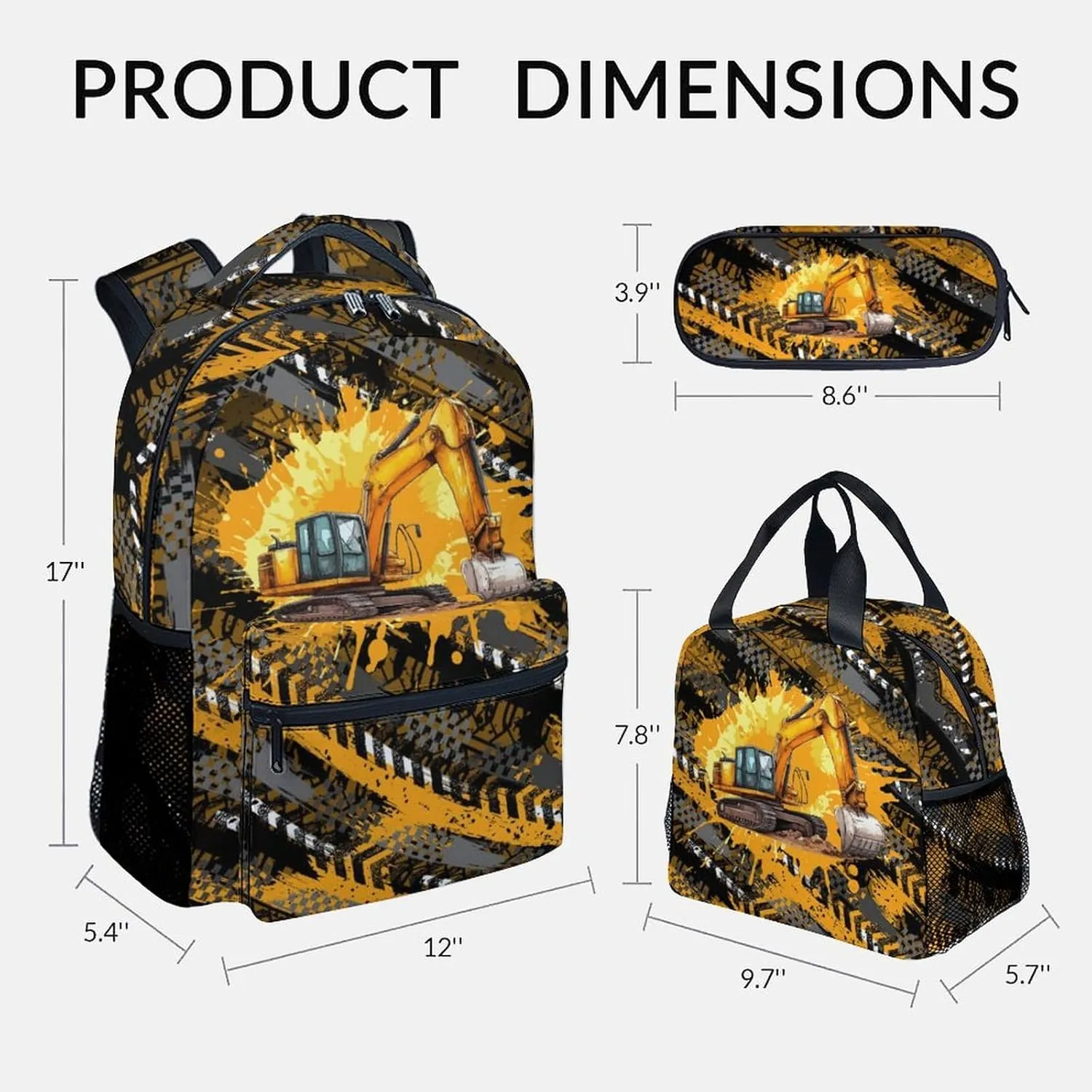 Mercuryelf Kids Backpack with Lunch Box - 17 Inch Excavator Backpack Set for School, Travel - 3 in 1 Cool Bookbag for Boys