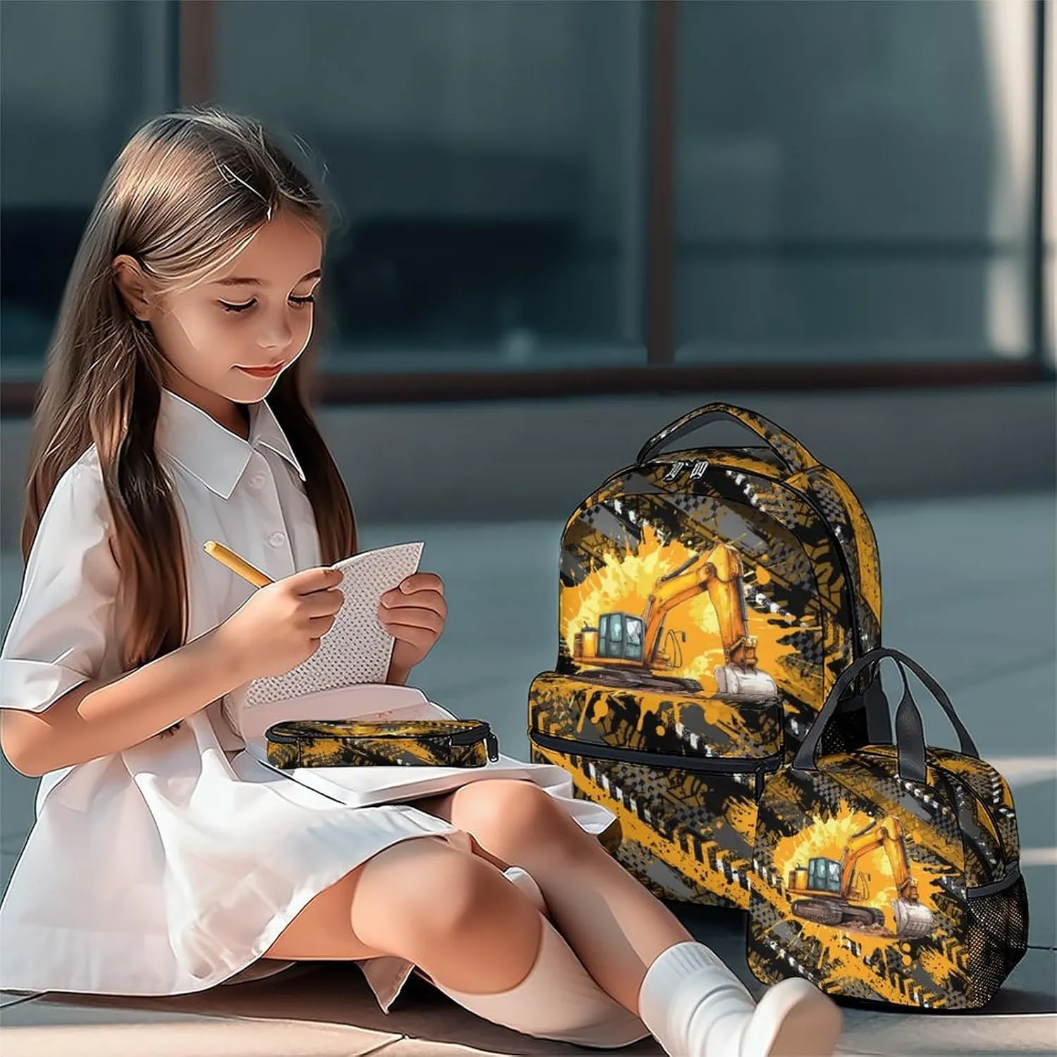 Mercuryelf Kids Backpack with Lunch Box - 17 Inch Excavator Backpack Set for School, Travel - 3 in 1 Cool Bookbag for Boys