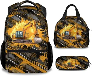 Mercuryelf Kids Backpack with Lunch Box - 17 Inch Excavator Backpack Set for School, Travel - 3 in 1 Cool Bookbag for Boys