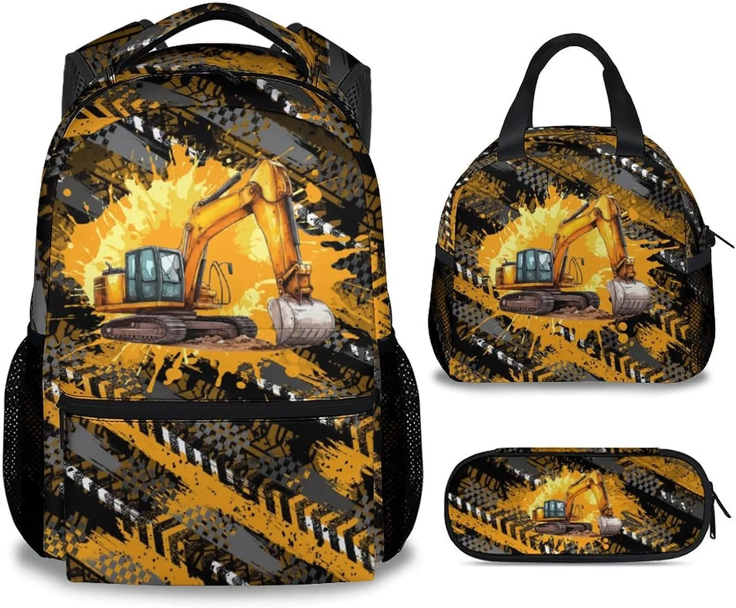 Mercuryelf Kids Backpack with Lunch Box - 17 Inch Excavator Backpack Set for School, Travel - 3 in 1 Cool Bookbag for Boys