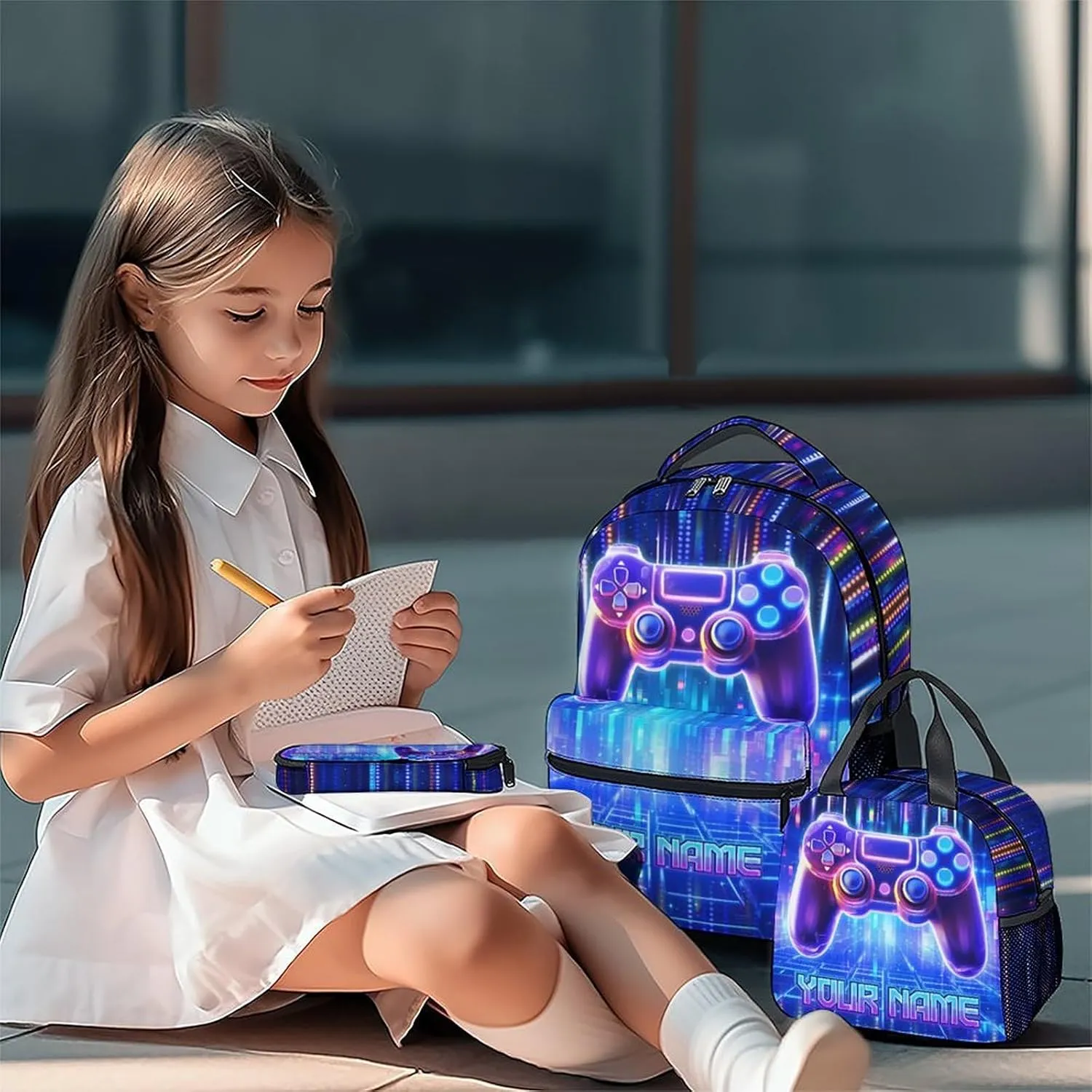 Mercuryelf Kids Backpack with Lunch Box - Custom Gaming Kid Backpack Set for School, Travel - 17 Inch Cool Gamer Bookbag Lunch Bag and Penci for Boys - 3 in 1 School Bag Set for Primary Middle
