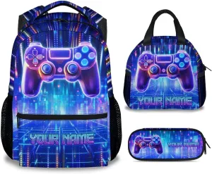 Mercuryelf Kids Backpack with Lunch Box - Custom Gaming Kid Backpack Set for School, Travel - 17 Inch Cool Gamer Bookbag Lunch Bag and Penci for Boys - 3 in 1 School Bag Set for Primary Middle