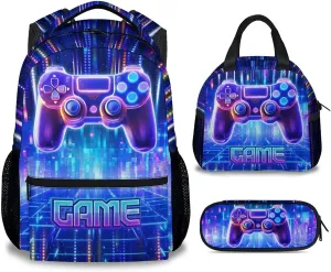 Mercuryelf Kids Backpack with Lunch Box - Gaming Kid Backpack Set for School, Travel - 17 Inch Cool Gamer Bookbag Lunch Bag and Penci for Boys - 3 in 1 School Bag Set for Primary Middle