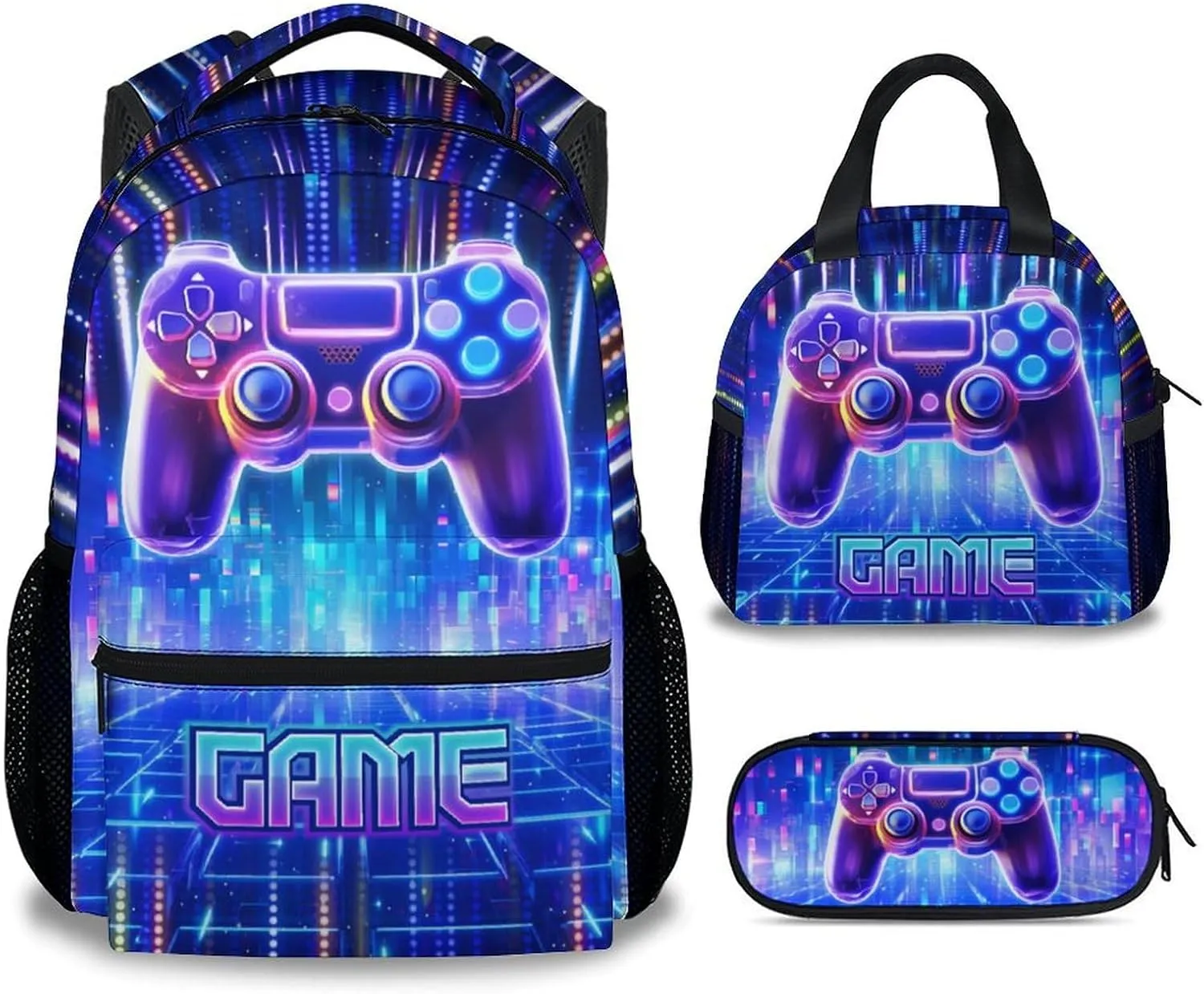 Mercuryelf Kids Backpack with Lunch Box - Gaming Kid Backpack Set for School, Travel - 17 Inch Cool Gamer Bookbag Lunch Bag and Penci for Boys - 3 in 1 School Bag Set for Primary Middle