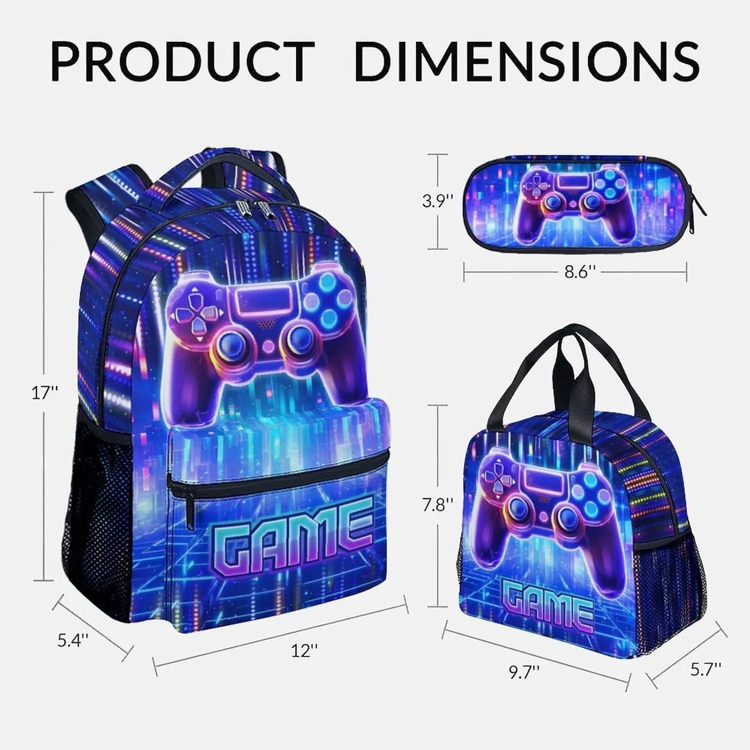 Mercuryelf Kids Backpack with Lunch Box - Gaming Kid Backpack Set for School, Travel - 17 Inch Cool Gamer Bookbag Lunch Bag and Penci for Boys - 3 in 1 School Bag Set for Primary Middle