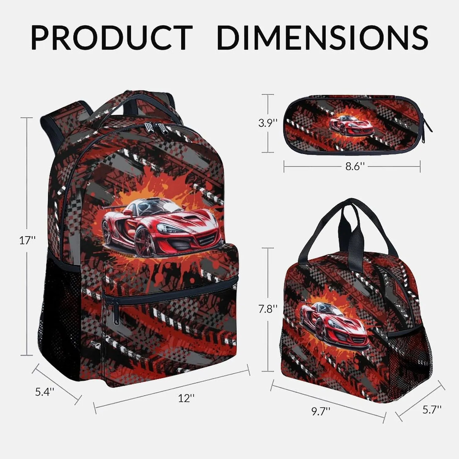 Mercuryelf Kids Bookbag with Lunch Bag and Pencil - 3 in 1 Racing Car Backpack Set for Boys - 17 Inch School Backpack for Primary Middle