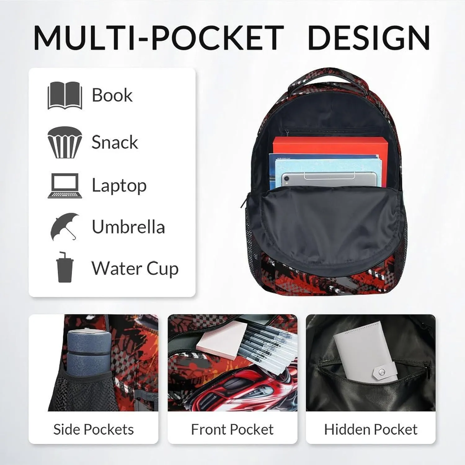 Mercuryelf Kids Bookbag with Lunch Bag and Pencil - 3 in 1 Racing Car Backpack Set for Boys - 17 Inch School Backpack for Primary Middle