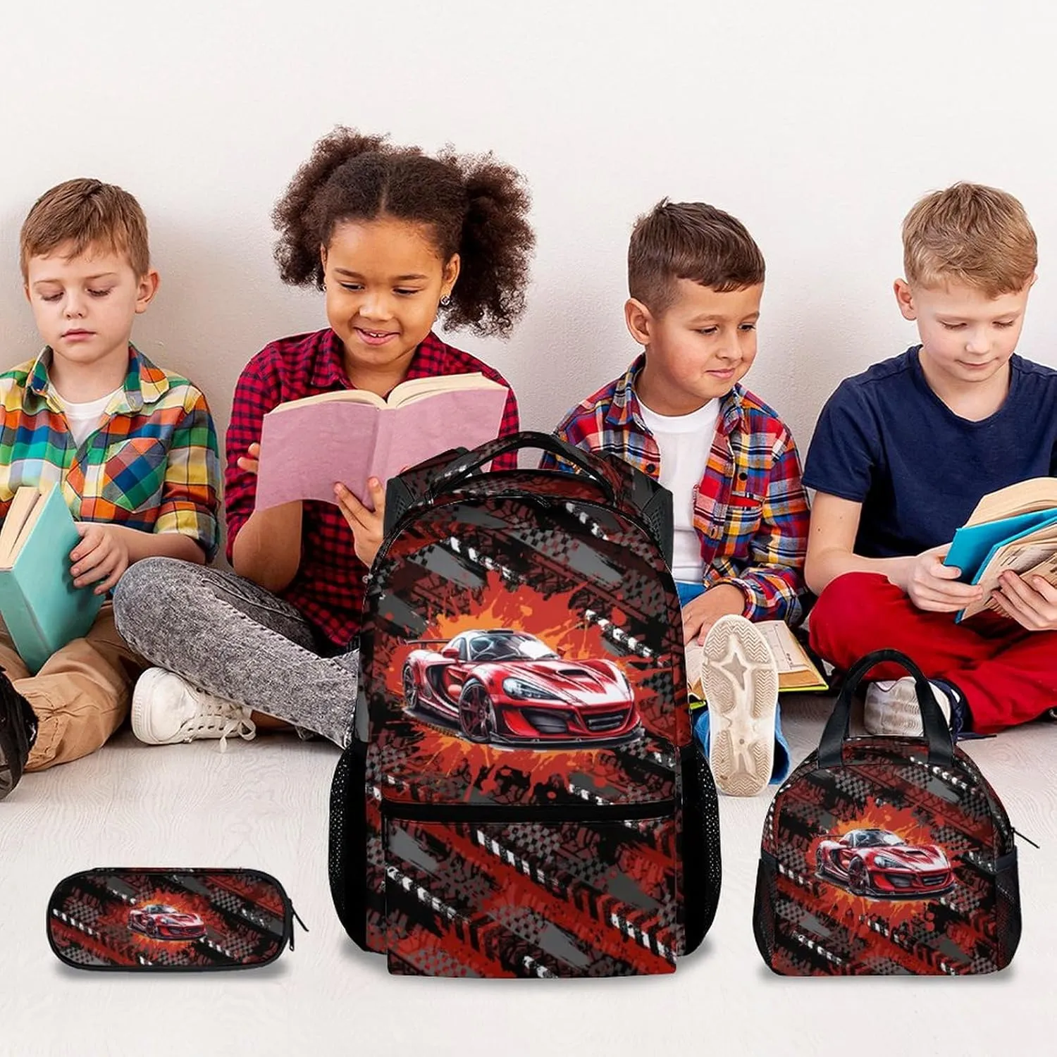 Mercuryelf Kids Bookbag with Lunch Bag and Pencil - 3 in 1 Racing Car Backpack Set for Boys - 17 Inch School Backpack for Primary Middle