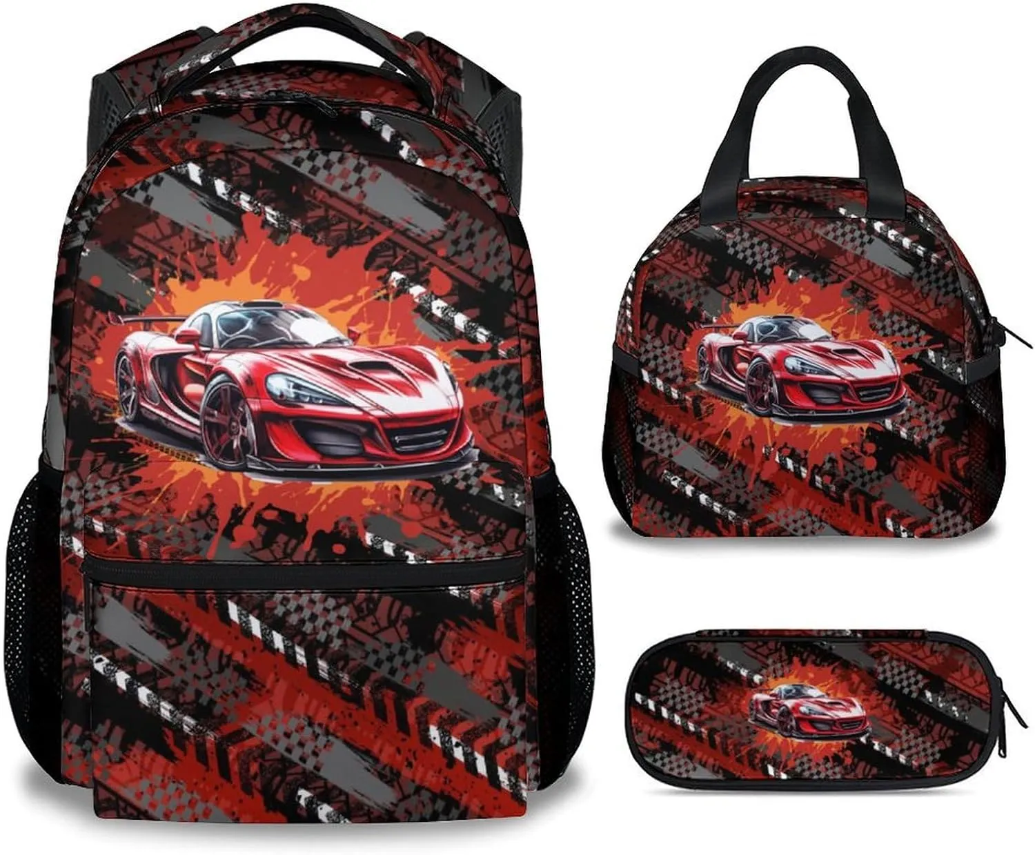 Mercuryelf Kids Bookbag with Lunch Bag and Pencil - 3 in 1 Racing Car Backpack Set for Boys - 17 Inch School Backpack for Primary Middle