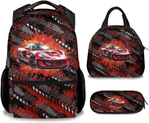 Mercuryelf Kids Bookbag with Lunch Bag and Pencil - 3 in 1 Racing Car Backpack Set for Boys - 17 Inch School Backpack for Primary Middle