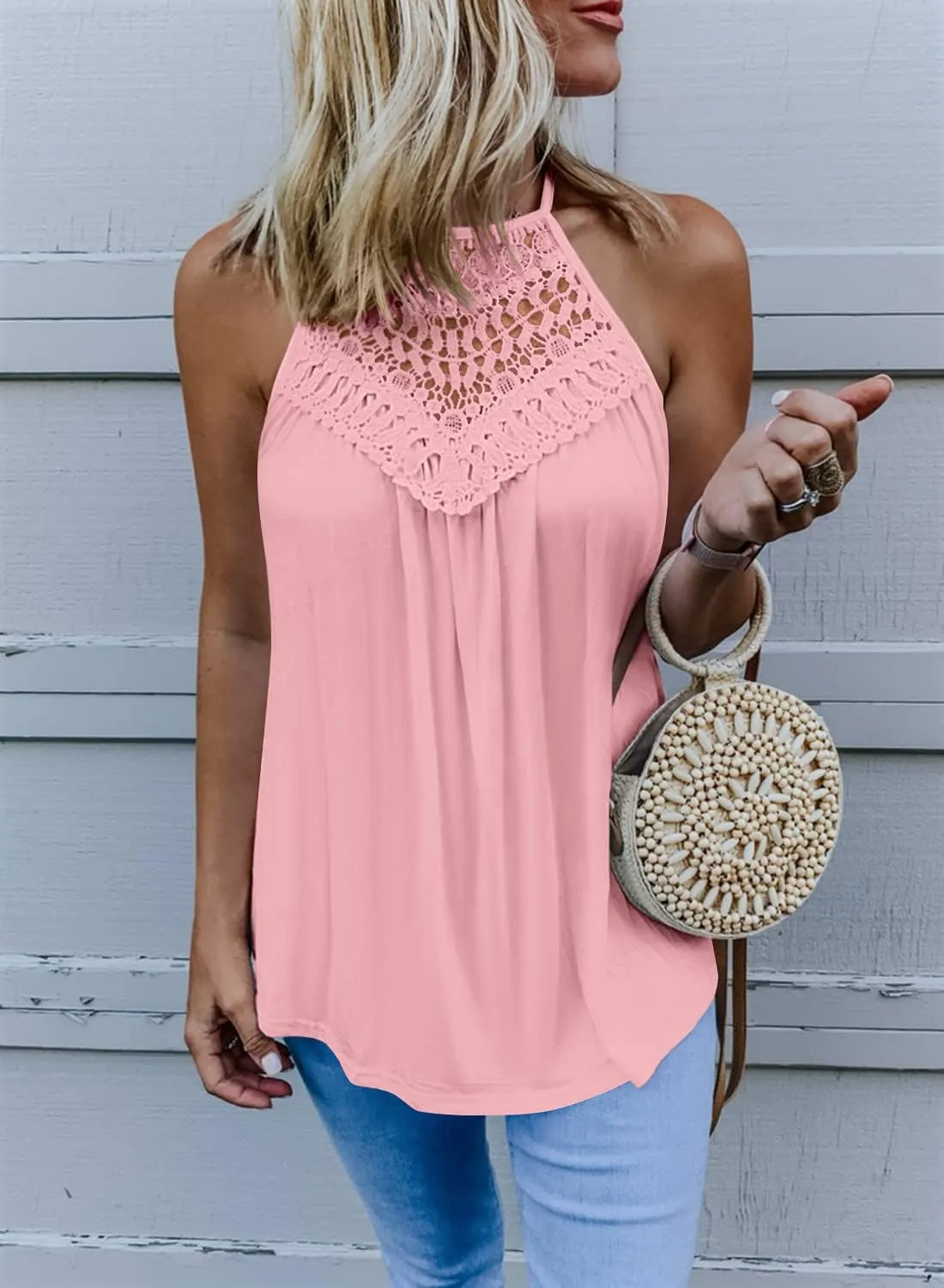 MIHOLL Womens Tank Tops 2024 Summer Casual Halter Neck Spaghetti Strap Sleeveless Tops Lace Flowy Loose Shirts