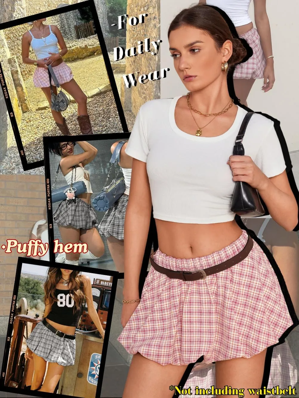 Mini Plaid Bubble Skirts for Women, Cute Puffy Short Skirt with Shorts, Puffer Balloon Skort, Date Night Outfit