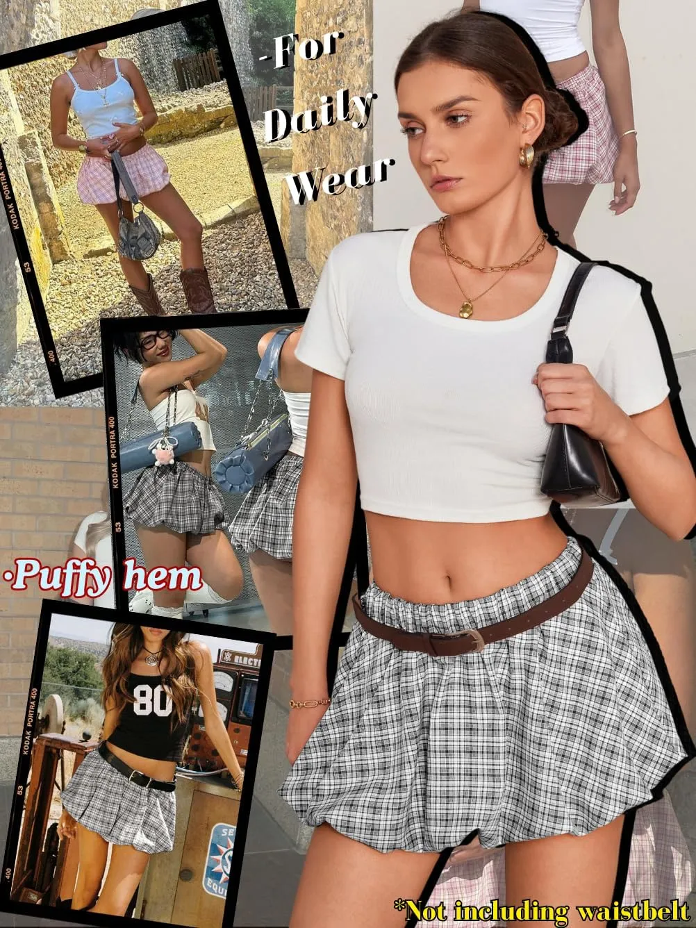 Mini Plaid Bubble Skirts for Women, Cute Puffy Short Skirt with Shorts, Puffer Balloon Skort, Date Night Outfit