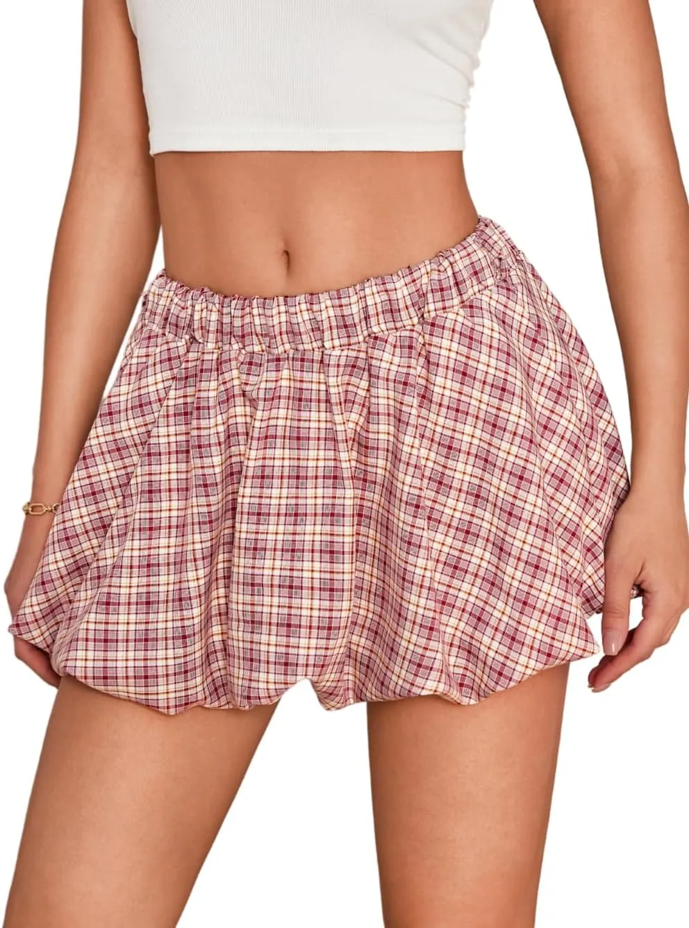 Mini Plaid Bubble Skirts for Women, Cute Puffy Short Skirt with Shorts, Puffer Balloon Skort, Date Night Outfit