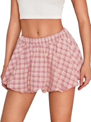 Mini Plaid Bubble Skirts for Women, Cute Puffy Short Skirt with Shorts, Puffer Balloon Skort, Date Night Outfit