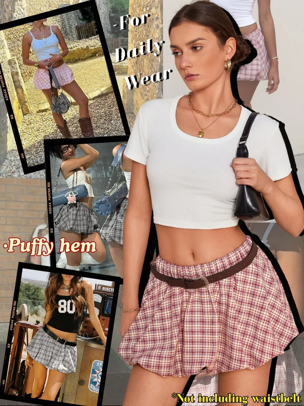 Mini Plaid Bubble Skirts for Women, Cute Puffy Short Skirt with Shorts, Puffer Balloon Skort, Date Night Outfit