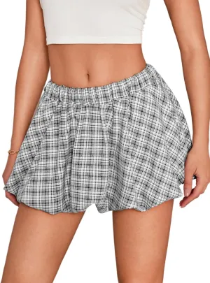 Mini Plaid Bubble Skirts for Women, Cute Puffy Short Skirt with Shorts, Puffer Balloon Skort, Date Night Outfit