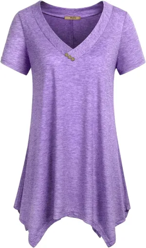 Miusey Womens Short Sleeve V Neck Asymmetrical Hemline Flowy Blouse Handkerchief Hem Tunic Tops