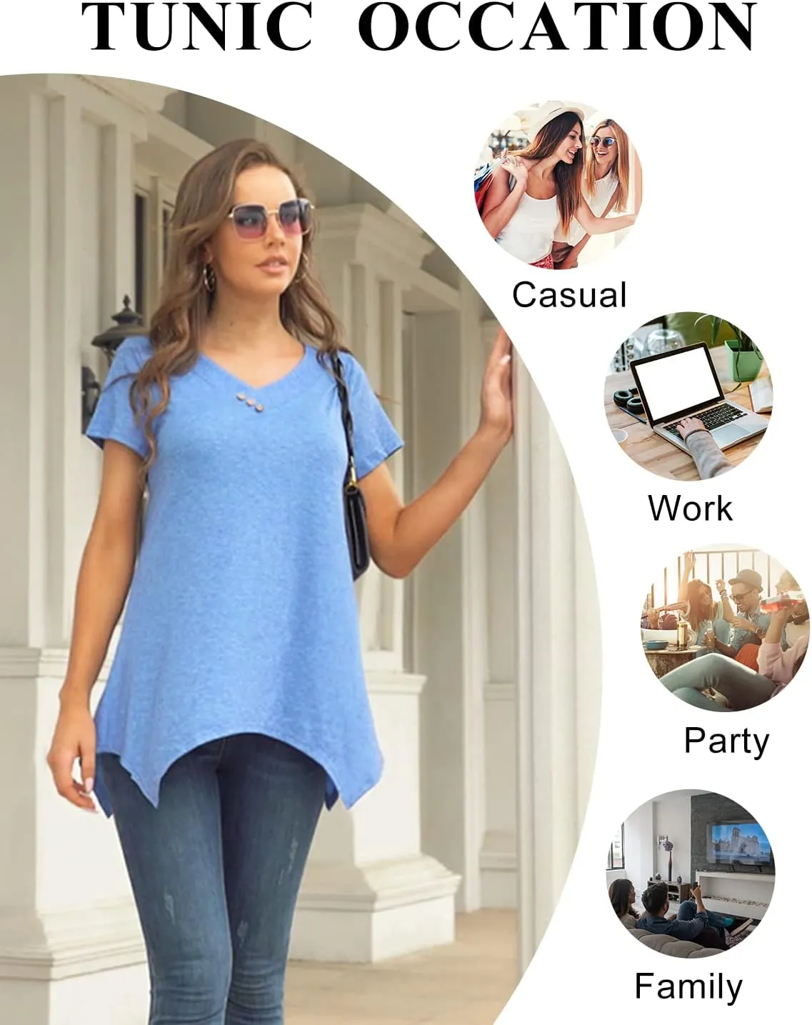 Miusey Womens Short Sleeve V Neck Asymmetrical Hemline Flowy Blouse Handkerchief Hem Tunic Tops