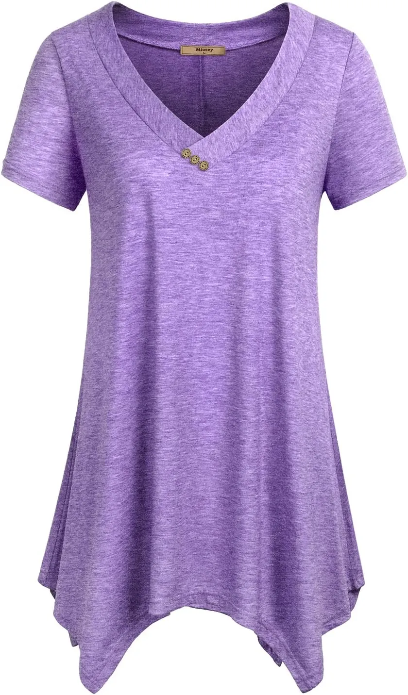 Miusey Womens Short Sleeve V Neck Asymmetrical Hemline Flowy Blouse Handkerchief Hem Tunic Tops