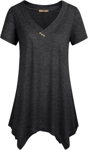 Miusey Womens Short Sleeve V Neck Asymmetrical Hemline Flowy Blouse Handkerchief Hem Tunic Tops