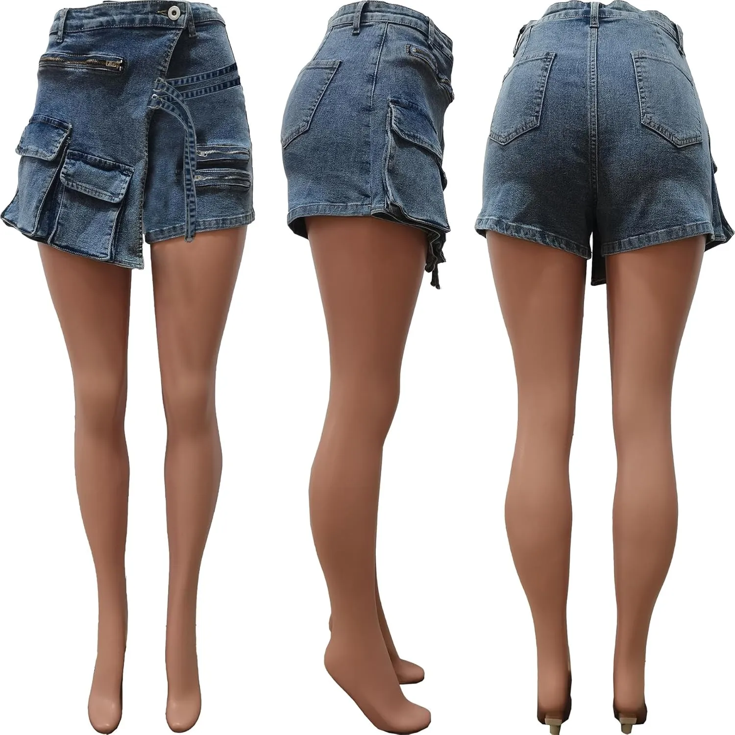 Molisry Women's Denim Shorts Skorts High Waist Double Side Asymmetrical Hem Jean Skort Skirt