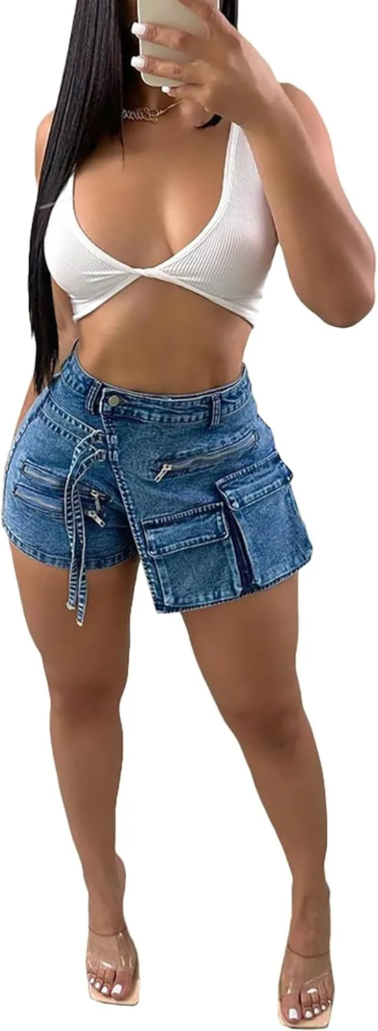 Molisry Women's Denim Shorts Skorts High Waist Double Side Asymmetrical Hem Jean Skort Skirt