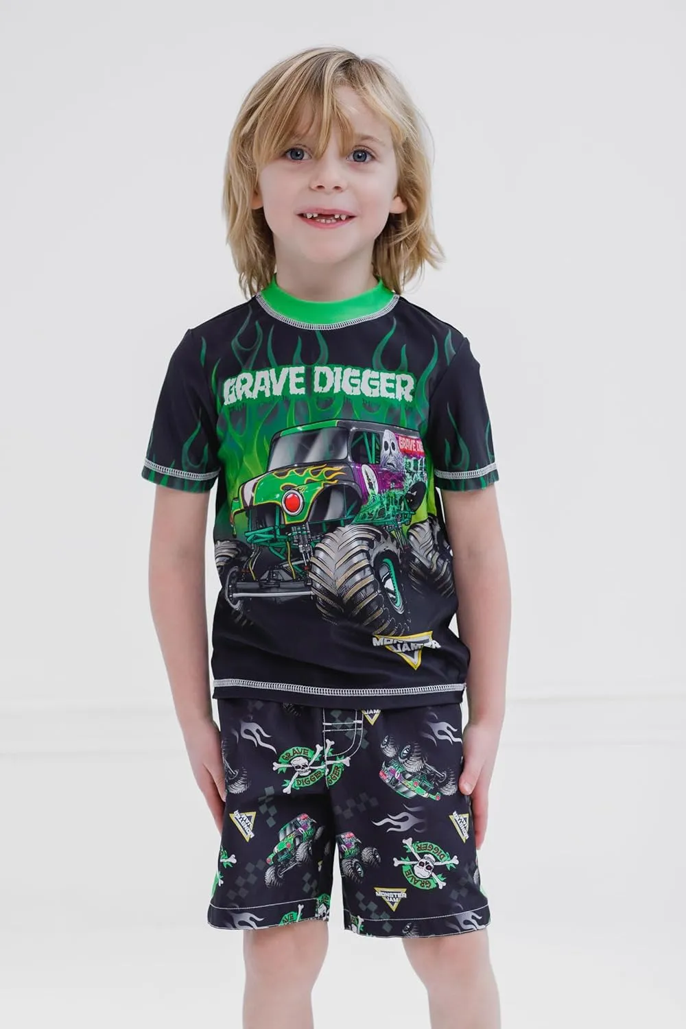 Monster Jam UPF 50  Pullover Rash Guard and Swim Trunks Outfit Set Toddler to Big Kid Grave Digger El Toro Loco Megalodon