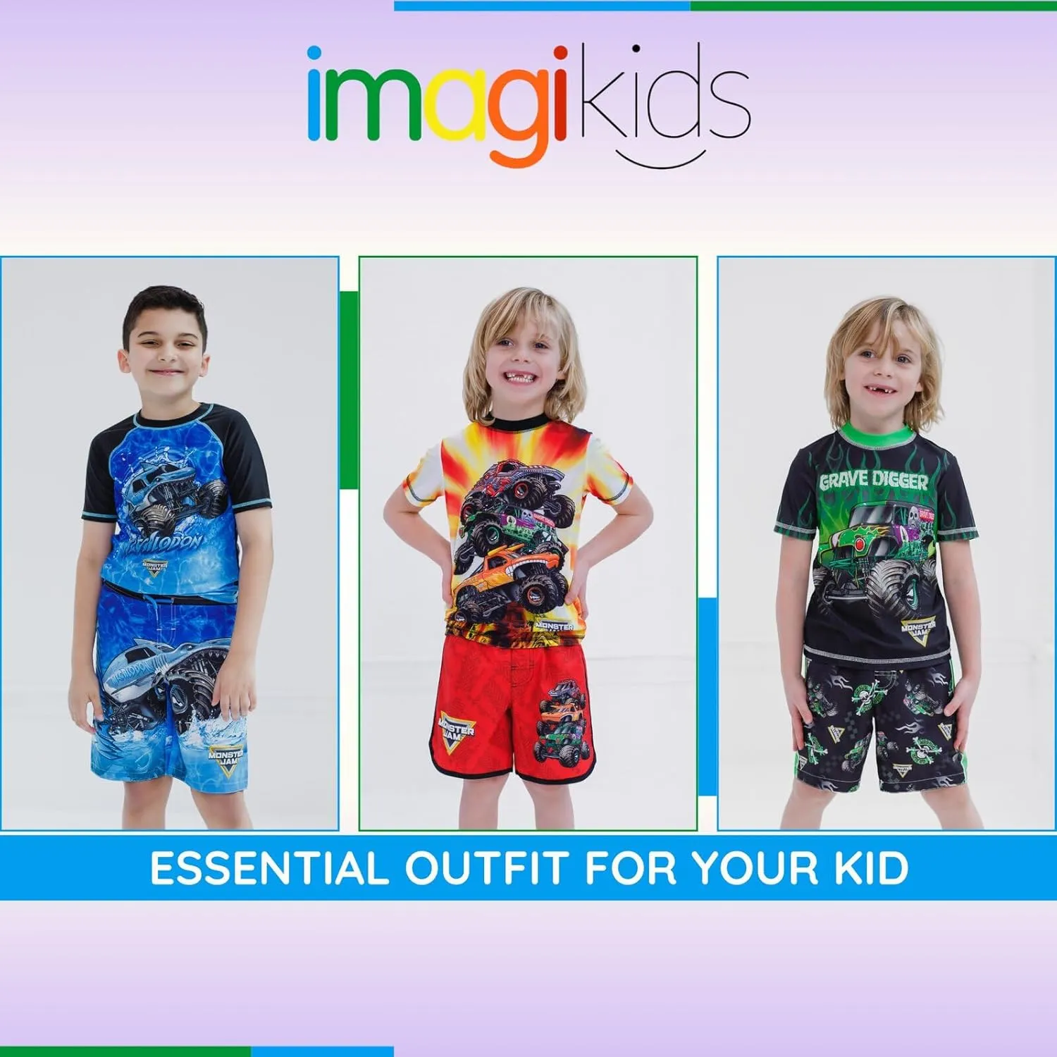Monster Jam UPF 50  Pullover Rash Guard and Swim Trunks Outfit Set Toddler to Big Kid Grave Digger El Toro Loco Megalodon