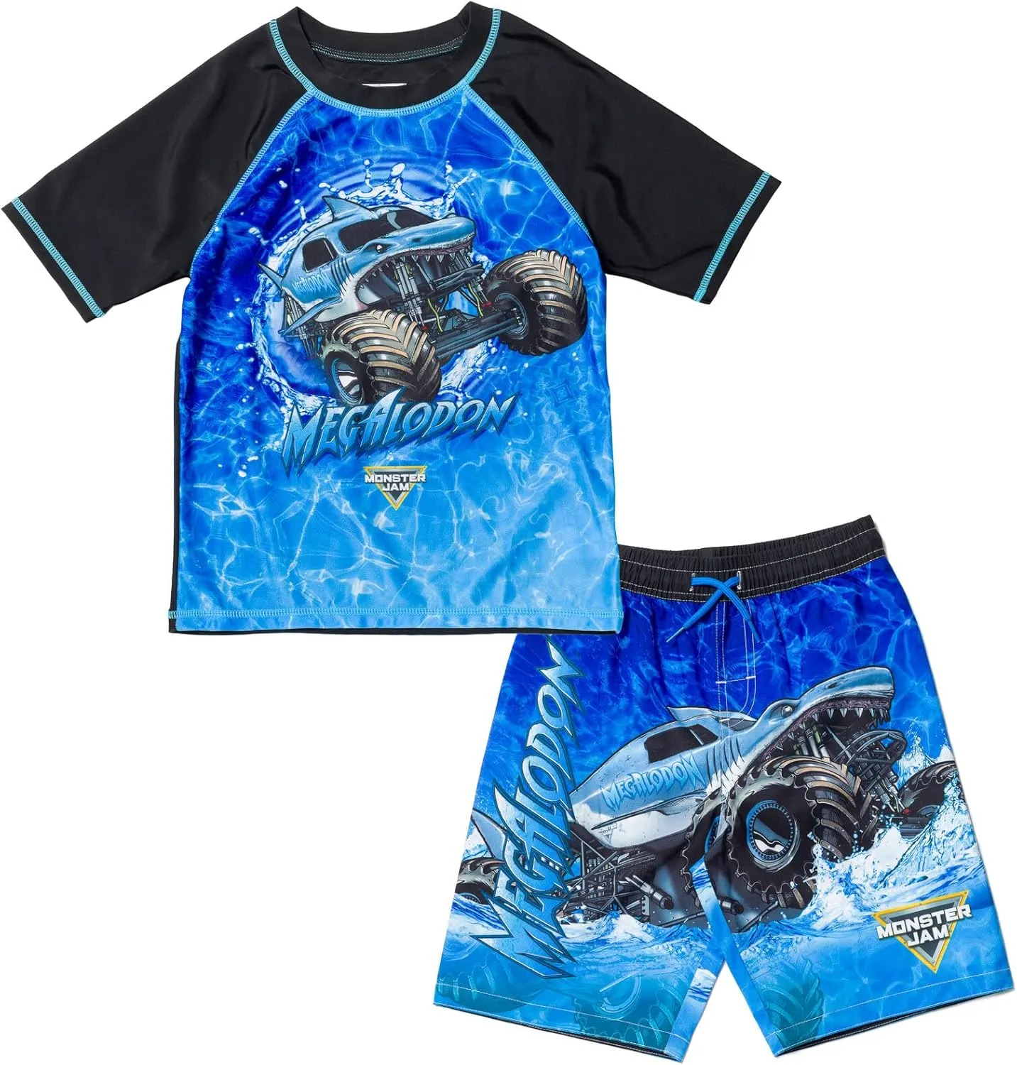 Monster Jam UPF 50  Pullover Rash Guard and Swim Trunks Outfit Set Toddler to Big Kid Grave Digger El Toro Loco Megalodon