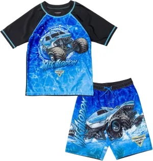 Monster Jam UPF 50  Pullover Rash Guard and Swim Trunks Outfit Set Toddler to Big Kid Grave Digger El Toro Loco Megalodon