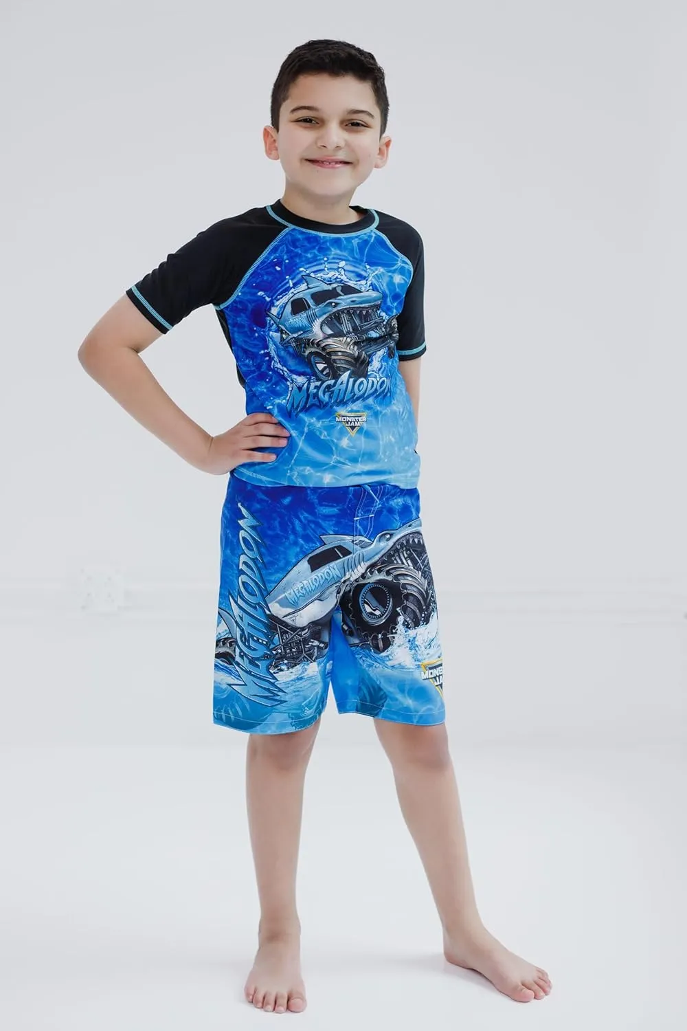 Monster Jam UPF 50  Pullover Rash Guard and Swim Trunks Outfit Set Toddler to Big Kid Grave Digger El Toro Loco Megalodon