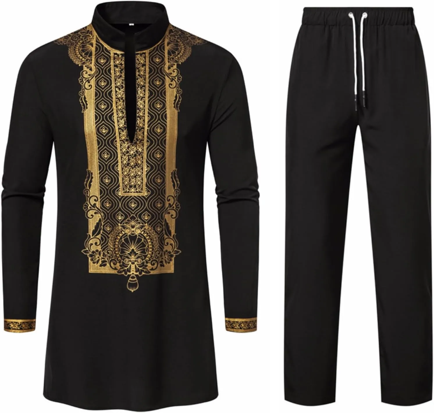 Muslim Clothes for Men 2 Piece Set Muslim Gown Shirt Set Graphic Casual Long Sleeve Kaftan Robe Henley Shirts & Pants