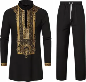 Muslim Clothes for Men 2 Piece Set Muslim Gown Shirt Set Graphic Casual Long Sleeve Kaftan Robe Henley Shirts & Pants