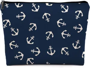 Nautical Anchor Makeup Cosmetic Bag, Marine Symbol Navy Anchor Linen Makeup Travel Toiletry Bag, Nautical Coastal Sailing Sailboat Anchor Cosmetic Bag Gifts For Sea Lovers Sailors Women Girls