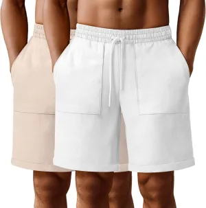 Neer 2 Pack Men's Big and Tall Cotton Linen Bermuda Shorts, Casual 7'' Elastic Drawstring Flat Front Shorts with Pockets