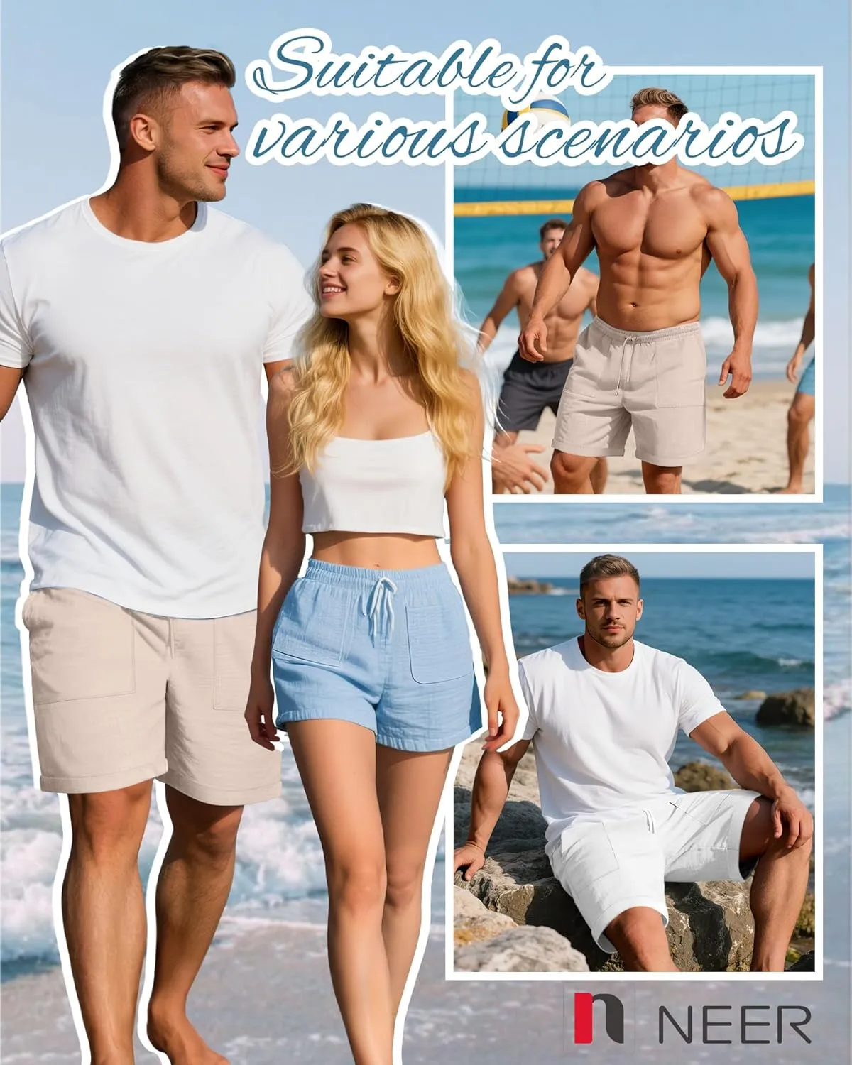 Neer 2 Pack Men's Big and Tall Cotton Linen Bermuda Shorts, Casual 7'' Elastic Drawstring Flat Front Shorts with Pockets
