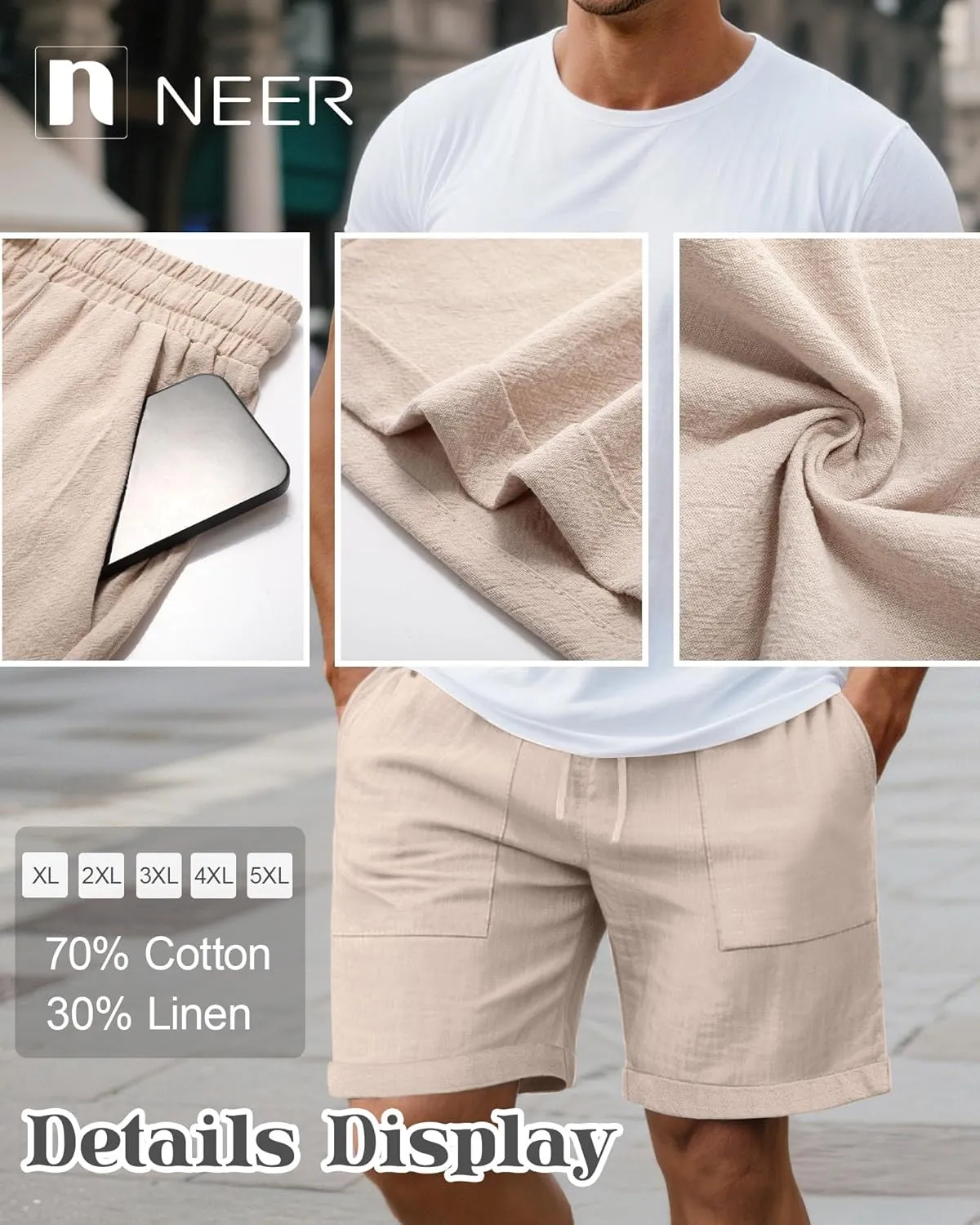 Neer 2 Pack Men's Big and Tall Cotton Linen Bermuda Shorts, Casual 7'' Elastic Drawstring Flat Front Shorts with Pockets