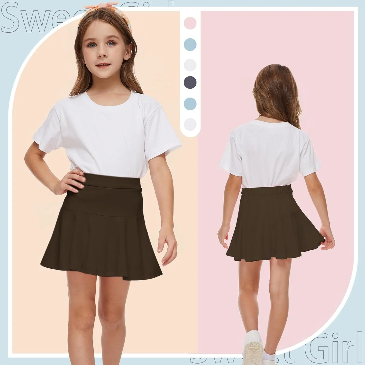 Neutocd Toddler Baby Girls Skirts Skorts Elastic Girl Pleated Skirts Kid Casual Stretch Waist Skater Skort Built in Shorts