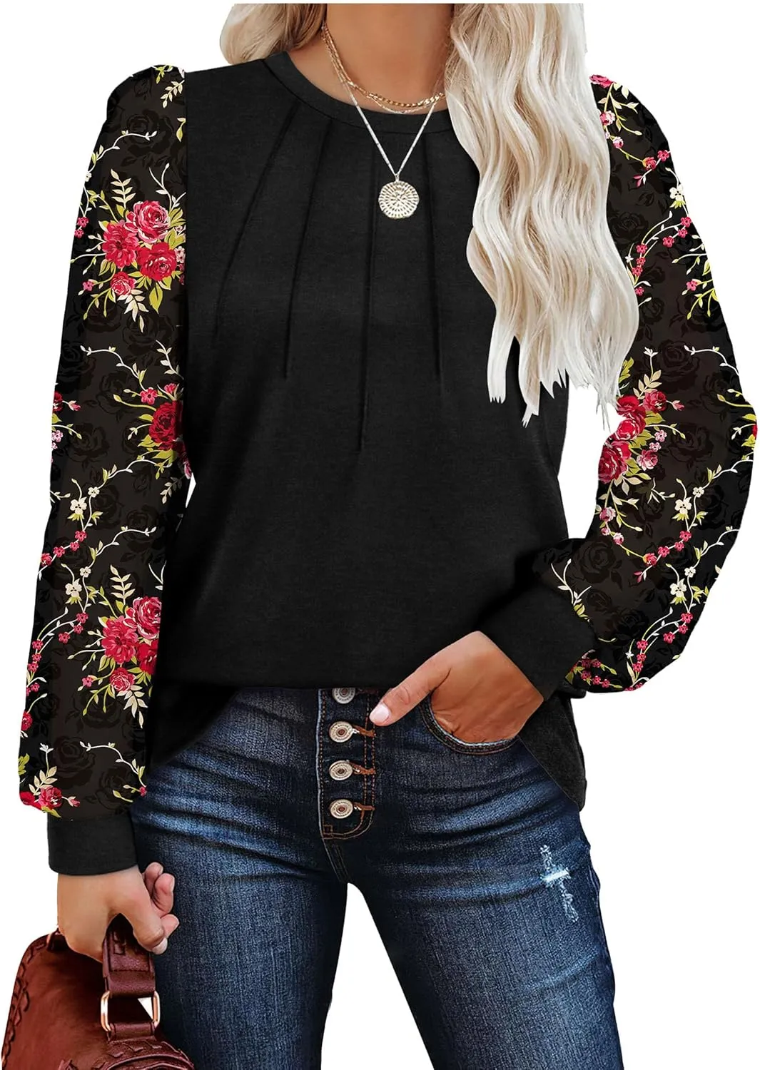 OFEEFAN Long Sleeve Shirts for Women Swiss Dot Puff Sleeve Pleated Fall Tunic Tops Crew Neck Dressy Casual Blouses