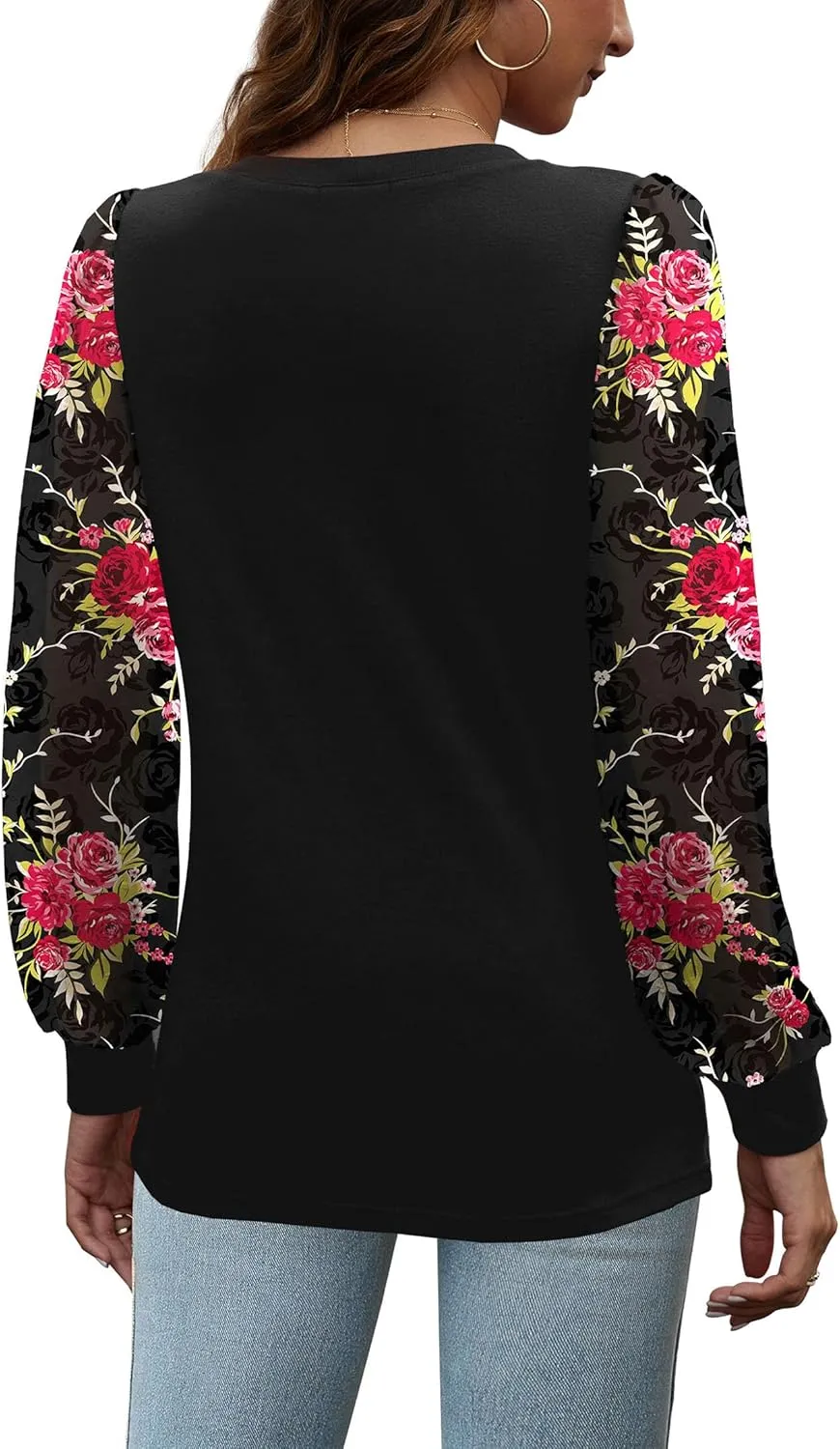OFEEFAN Long Sleeve Shirts for Women Swiss Dot Puff Sleeve Pleated Fall Tunic Tops Crew Neck Dressy Casual Blouses