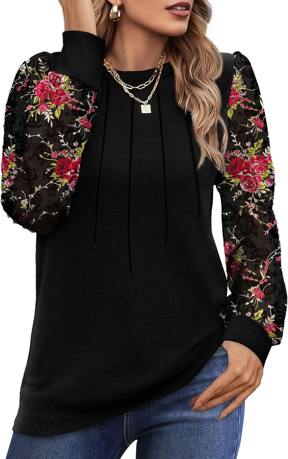OFEEFAN Long Sleeve Shirts for Women Swiss Dot Puff Sleeve Pleated Fall Tunic Tops Crew Neck Dressy Casual Blouses