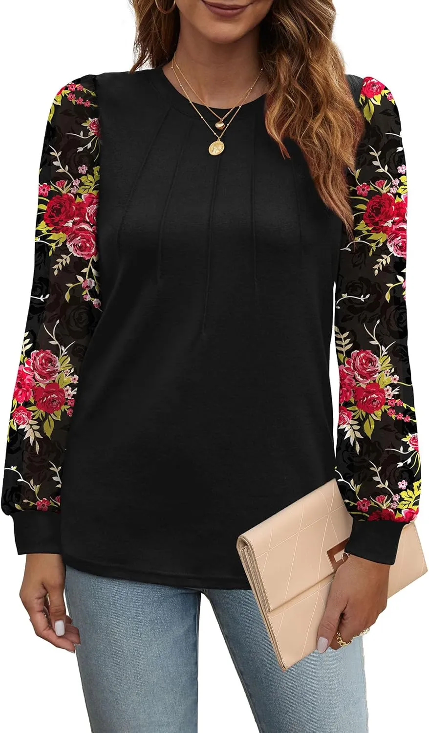 OFEEFAN Long Sleeve Shirts for Women Swiss Dot Puff Sleeve Pleated Fall Tunic Tops Crew Neck Dressy Casual Blouses