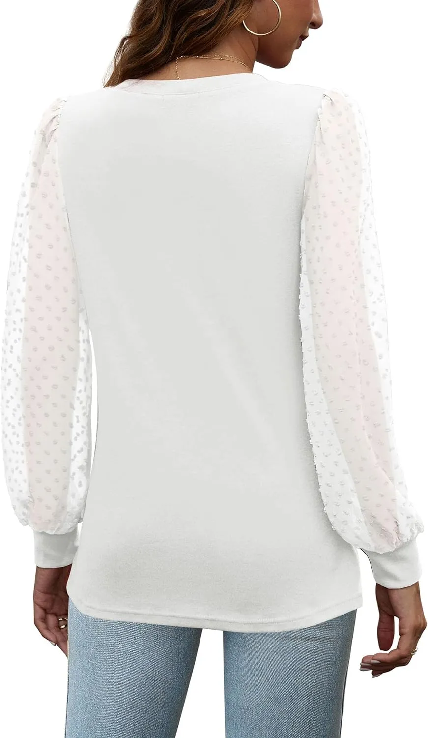 OFEEFAN Long Sleeve Shirts for Women Swiss Dot Puff Sleeve Pleated Fall Tunic Tops Crew Neck Dressy Casual Blouses