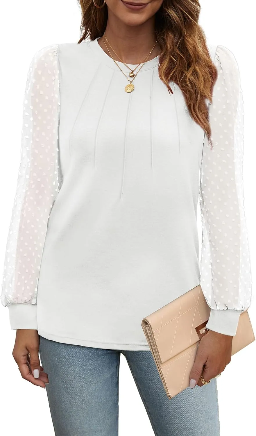 OFEEFAN Long Sleeve Shirts for Women Swiss Dot Puff Sleeve Pleated Fall Tunic Tops Crew Neck Dressy Casual Blouses